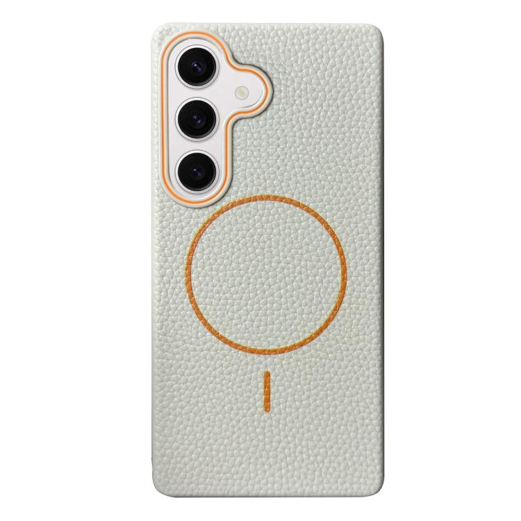 Funda de TPU con textura de lichi MagSafe para Samsung Galaxy S24 5G (blanco y naranja)