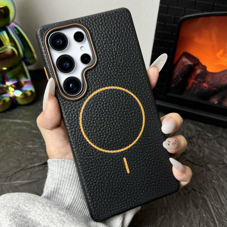 Funda de TPU con textura de lichi MagSafe para Samsung Galaxy S24 Ultra 5G (negro y naranja)