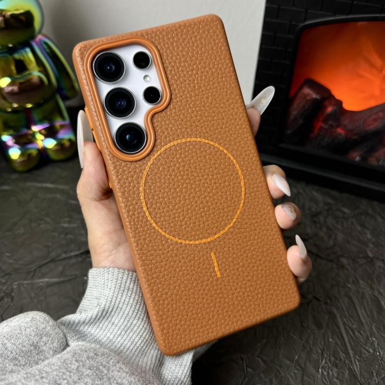 Funda de TPU con textura de lichi MagSafe para Samsung Galaxy S25 5G (marrón dorado)