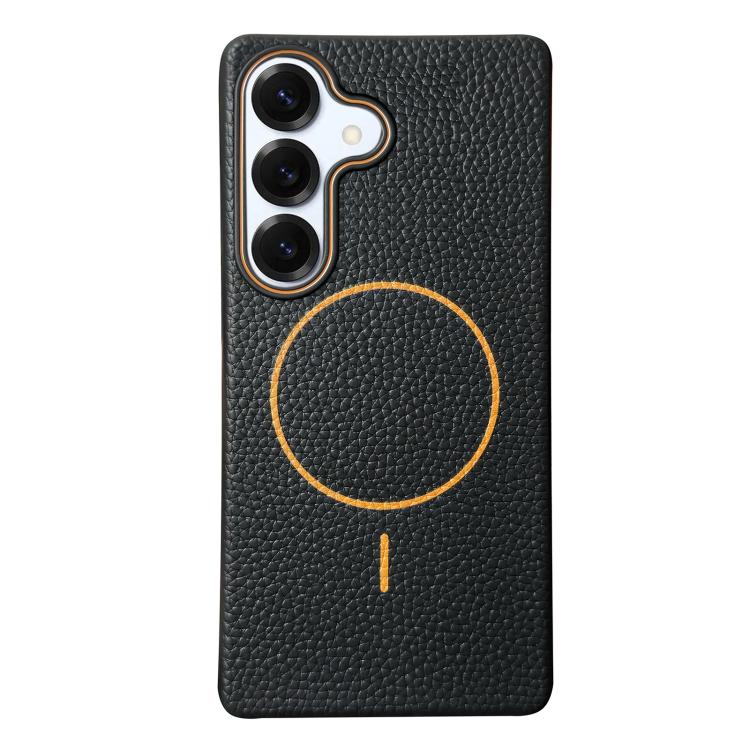 Funda de TPU con textura de lichi MagSafe para Samsung Galaxy S25+ 5G (negro y naranja)