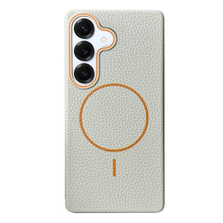 Funda de TPU con textura de lichi MagSafe para Samsung Galaxy S25+ 5G (blanco y naranja)