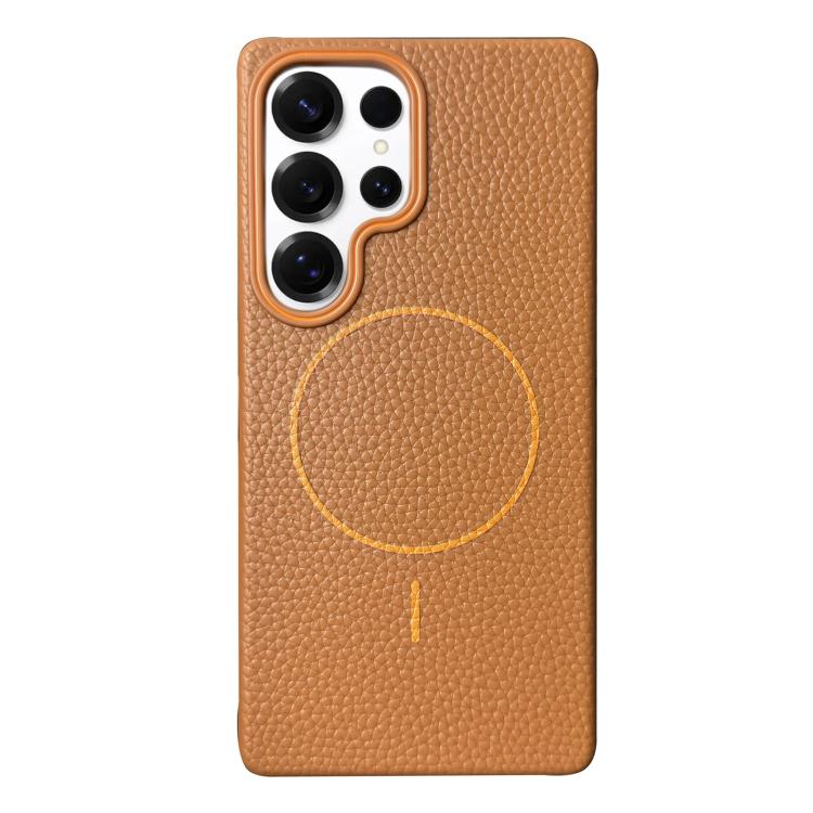 Funda de TPU con textura de lichi MagSafe para Samsung Galaxy S25 Ultra 5G (marrón dorado)