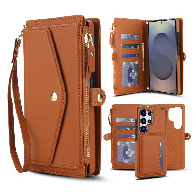 Funda de cuero desmontable con cordón para Samsung Galaxy S25 Ultra 5G (marrón)