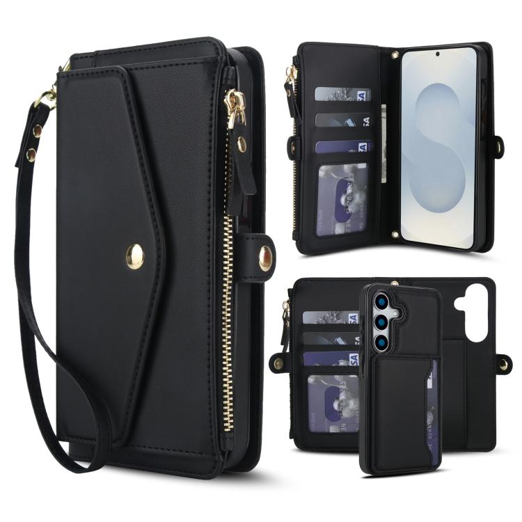 Funda de cuero desmontable con cordón para Samsung Galaxy S25 5G (negro)