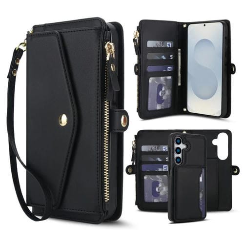 Funda de cuero desmontable con cordón para Samsung Galaxy S25 5G (negro)