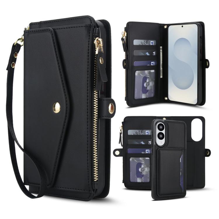 Funda de cuero desmontable con cordón para Samsung Galaxy S25 Edge 5G (negro)