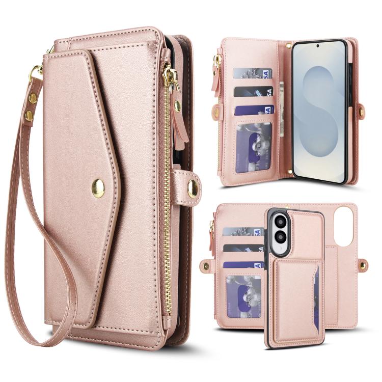 Funda de cuero desmontable con cordón para Samsung Galaxy S25 Edge 5G (oro rosa)