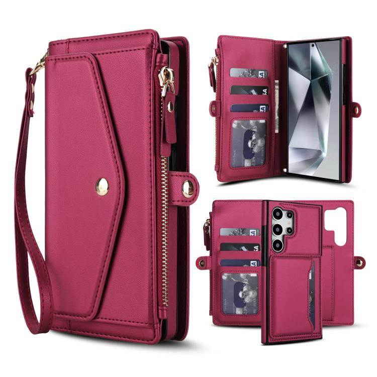 Funda de cuero desmontable con cordón para Samsung Galaxy S24 Ultra 5G (multifuncional, color rojo)