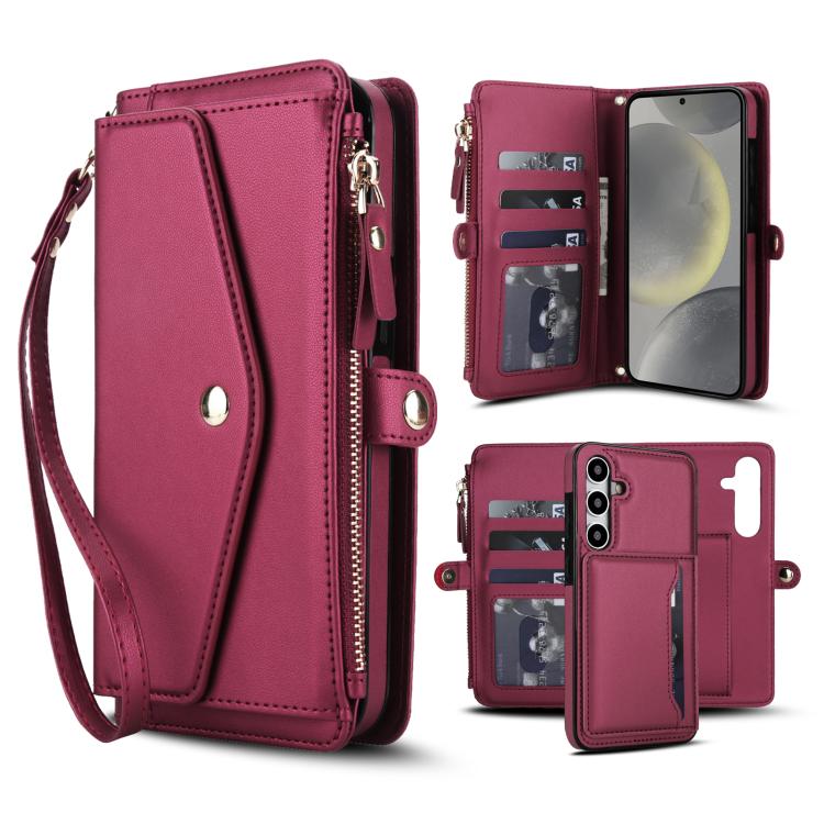 Funda de cuero desmontable con cordón para Samsung Galaxy S24 FE 5G (multifunción, color rojo)