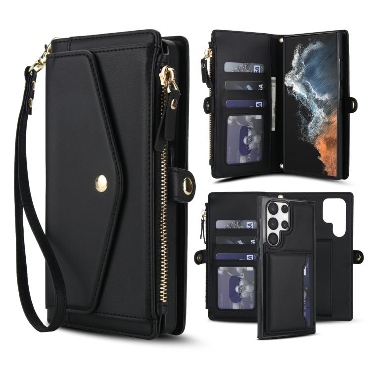 Funda de cuero desmontable con cordón para Samsung Galaxy S22 Ultra 5G (negro)