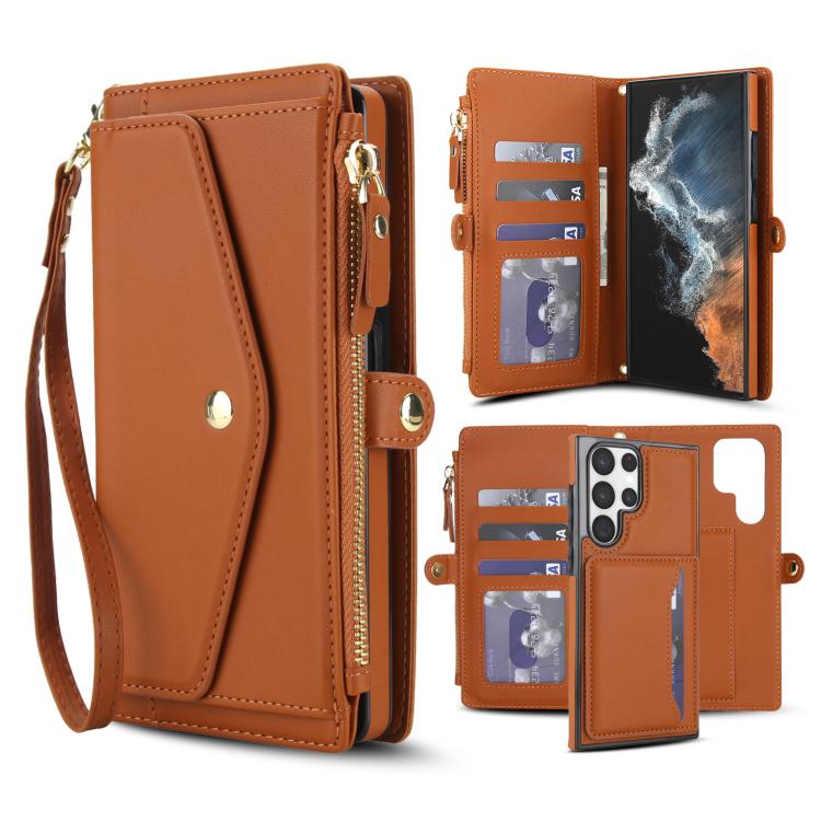 Funda de cuero desmontable con cordón para Samsung Galaxy S22 Ultra 5G (marrón)