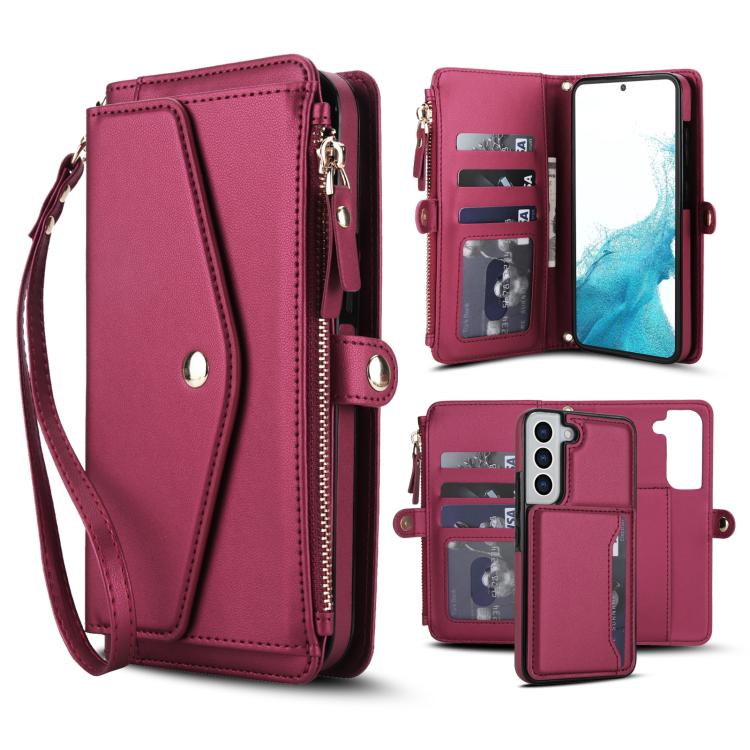 Funda de cuero desmontable con cordón para Samsung Galaxy S22+ 5G (color rojo)