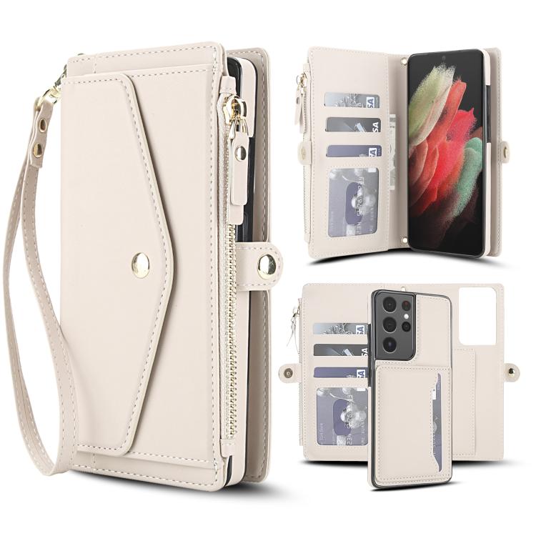 Funda de cuero desmontable con cordón para Samsung Galaxy S21 Ultra 5G (blanco)