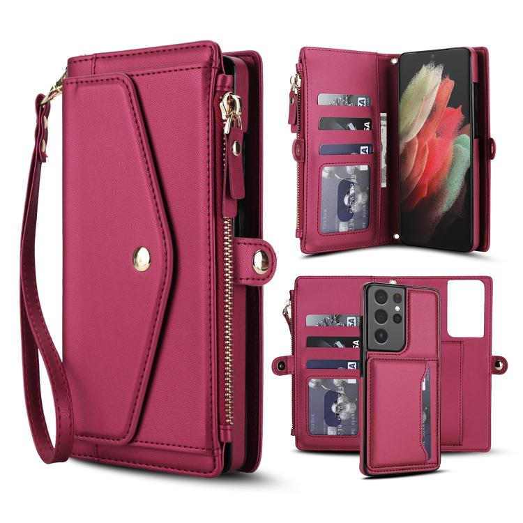 Funda de cuero desmontable con cordón para Samsung Galaxy S21 Ultra 5G (color rojo)