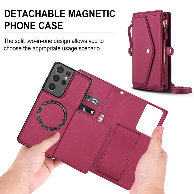 Funda de cuero desmontable con cordón para Samsung Galaxy S21 Ultra 5G (color rojo)
