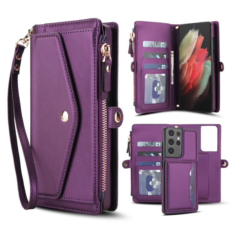 Funda de cuero desmontable con cordón para Samsung Galaxy S21 Ultra 5G (morado oscuro)
