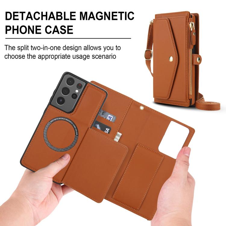 Funda de cuero desmontable con cordón para Samsung Galaxy S21 Ultra 5G (marrón)