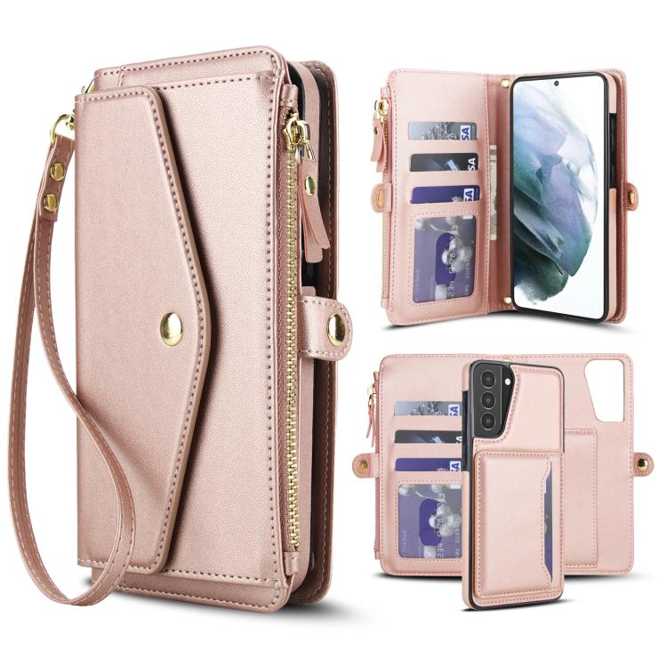 Funda de cuero desmontable con cordón para Samsung Galaxy S21+ 5G (oro rosa)