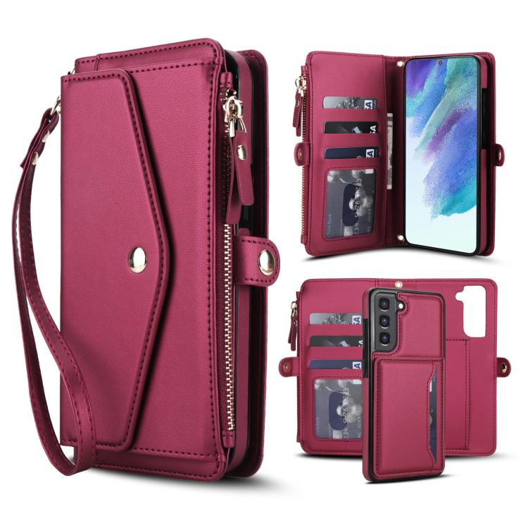 Funda de cuero desmontable con cordón para Samsung Galaxy S21 FE 5G (cartera multifuncional) (rojo)