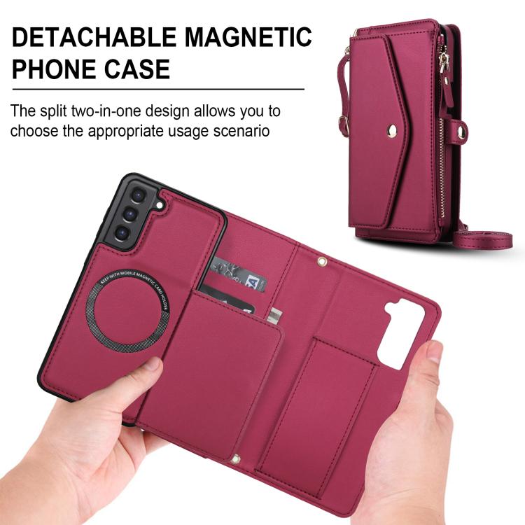 Funda de cuero desmontable con cordón para Samsung Galaxy S21 FE 5G (cartera multifuncional) (rojo)