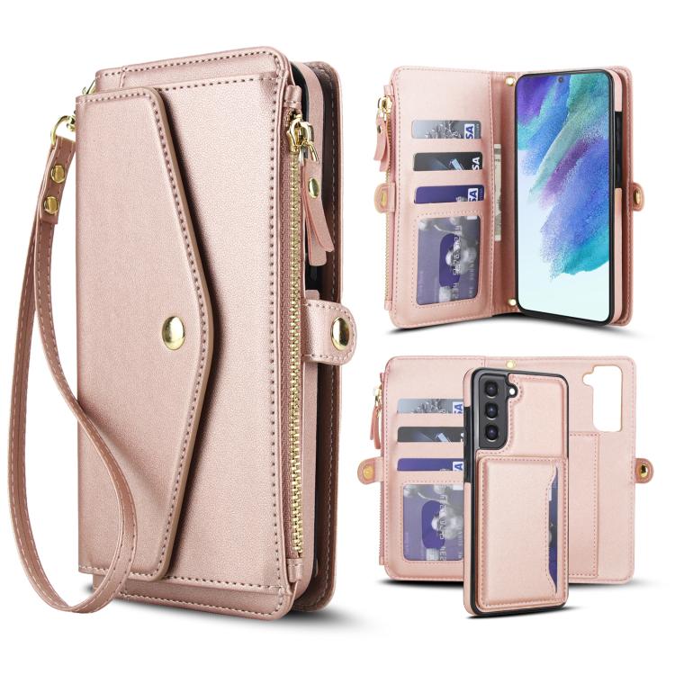 Funda de cuero desmontable con cordón para Samsung Galaxy S21 FE 5G (oro rosa)