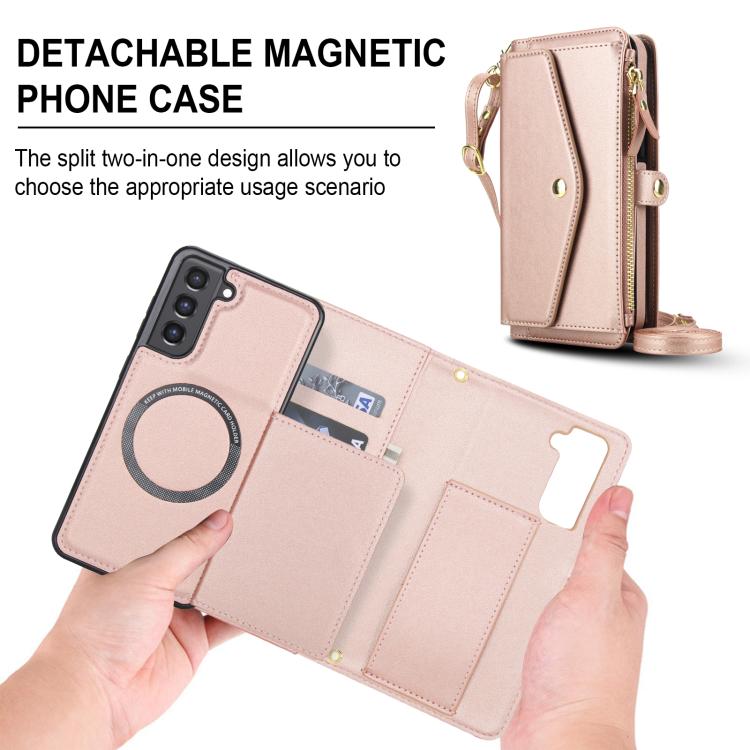 Funda de cuero desmontable con cordón para Samsung Galaxy S21 FE 5G (oro rosa)