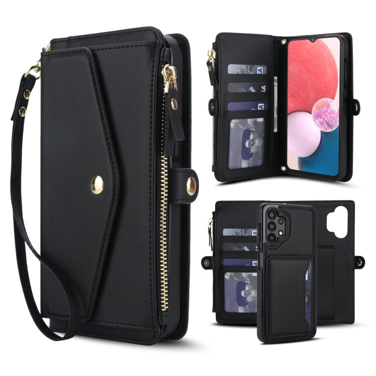 Funda de cuero desmontable con cordón para Samsung Galaxy A13 4G/5G (negro)