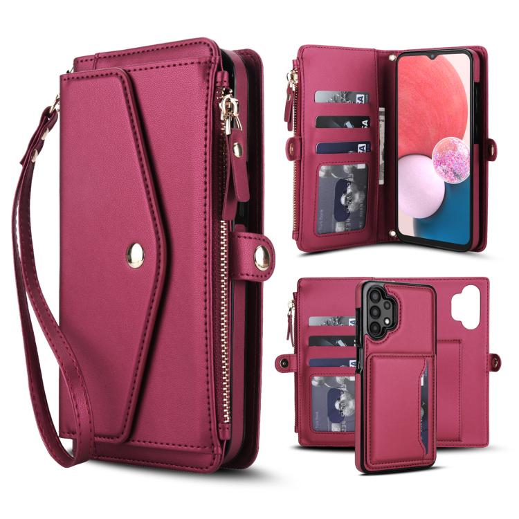 Funda de cuero desmontable con cordón para Samsung Galaxy A13 4G/5G (rojo)