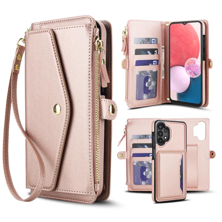Funda de cuero desmontable con cordón para Samsung Galaxy A13 4G/5G (oro rosa)