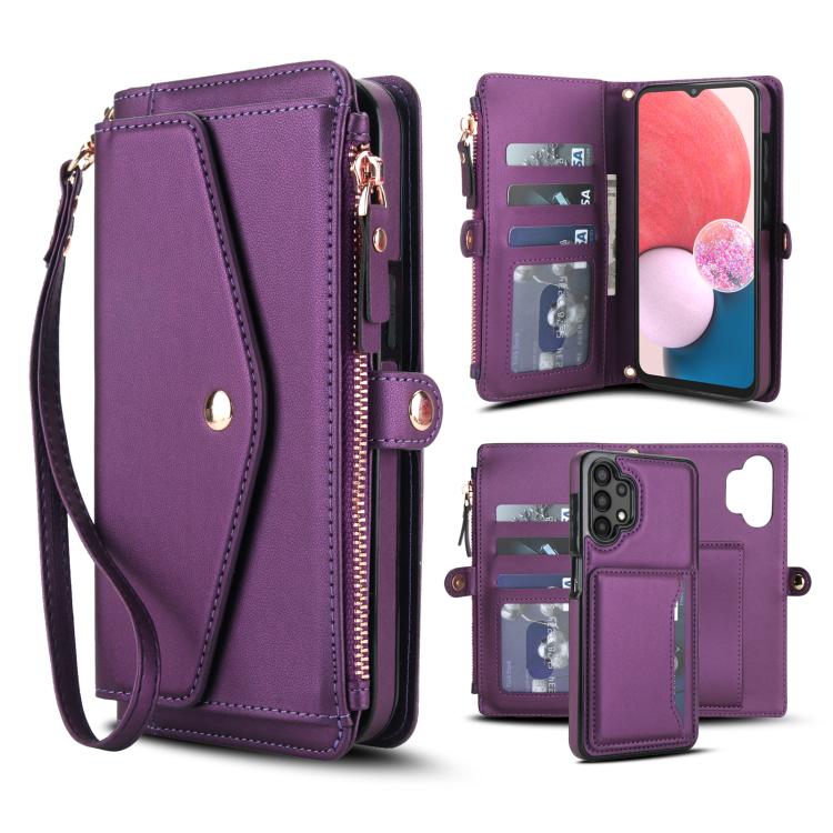 Funda de cuero desmontable con cordón para Samsung Galaxy A13 4G/5G (morado oscuro)