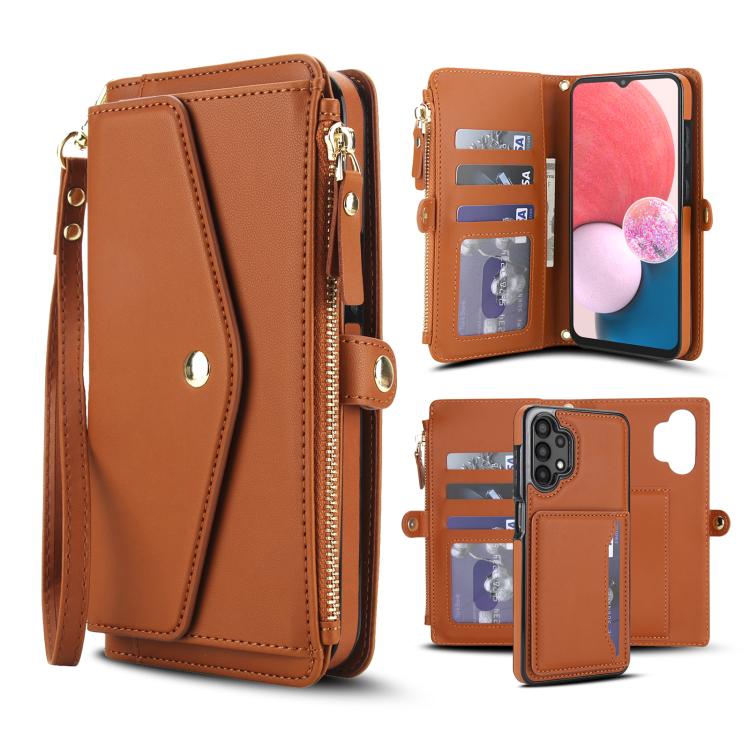Funda de cuero desmontable con cordón para Samsung Galaxy A13 4G/5G (marrón)