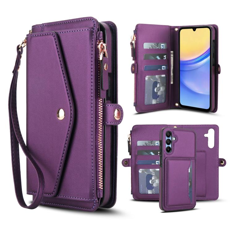 Funda de cuero desmontable con cordón para Samsung Galaxy A15 4G/5G (morado oscuro)