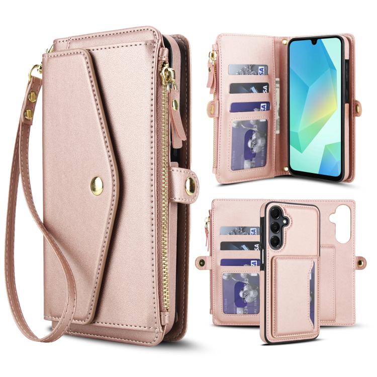 Funda de cuero desmontable con cordón para Samsung Galaxy A16 5G (oro rosa)