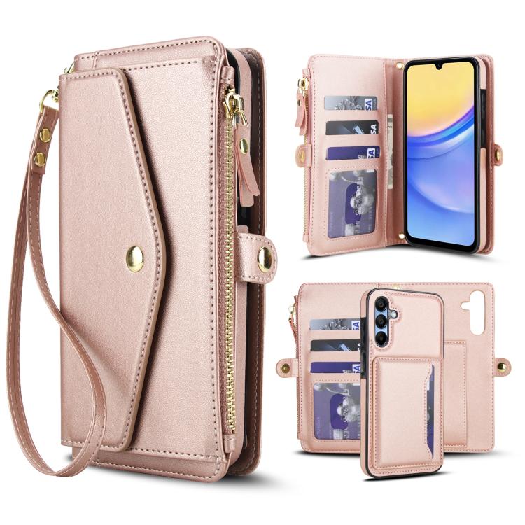 Funda de cuero desmontable con cordón para Samsung Galaxy A35 5G (oro rosa)