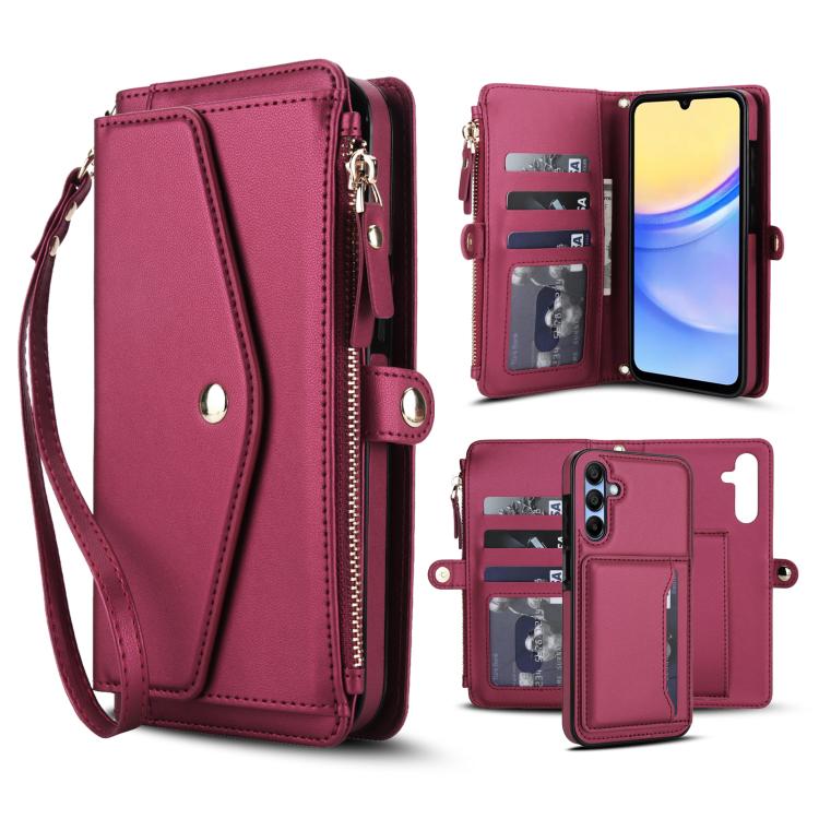 Funda de cuero desmontable con cordón para Samsung Galaxy A36 5G (color rojo)