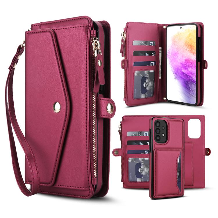 Funda de cuero desmontable con cordón para Samsung Galaxy A52 5G (multifunción, color rojo)