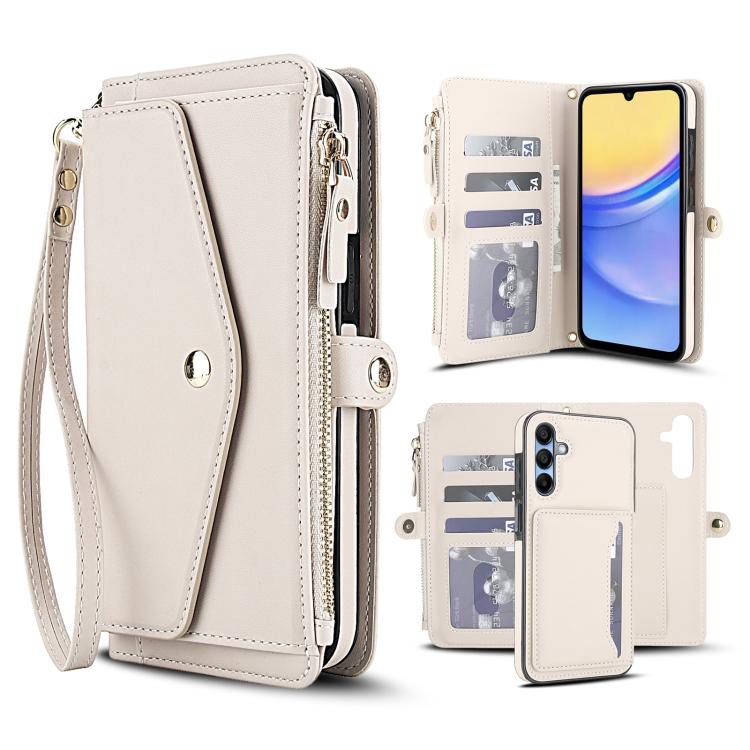 Funda de cuero desmontable con cordón para Samsung Galaxy A55 5G (blanco)