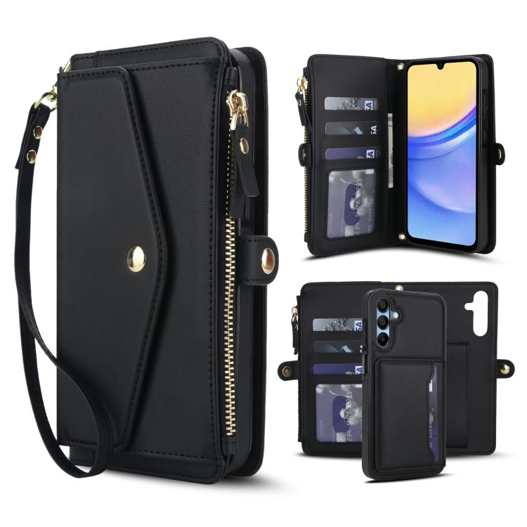 Funda de cuero desmontable con cordón para Samsung Galaxy A56 5G (negro)