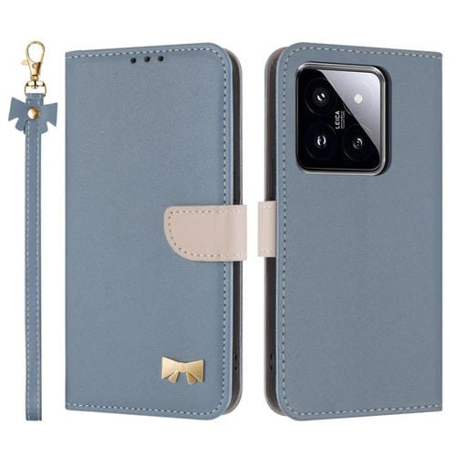 Funda de cuero con lazo metálico y correa para la mano para Xiaomi 14 Pro (azul claro)
