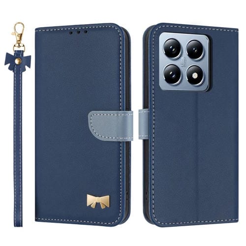 Funda de cuero con lazo metálico y correa para la mano para Xiaomi 14T Pro (azul oscuro)