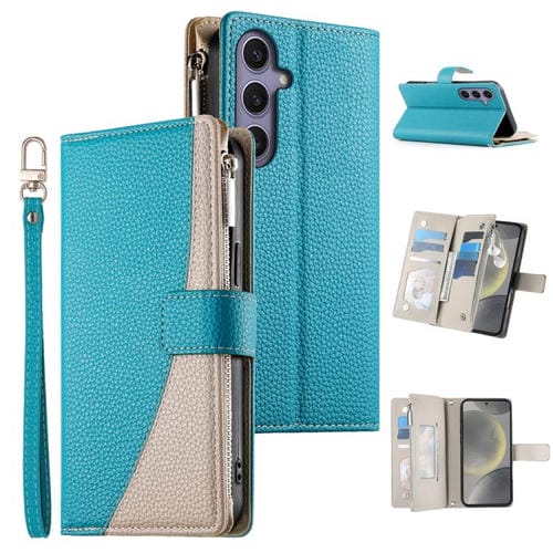 Funda de cuero con cremallera para Samsung Galaxy S24+ 5G / S25+ 5G, con costuras, mĂșltiples tarjetas y correa corta (azul)