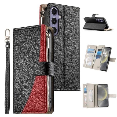 Funda de cuero tipo billetera con cremallera y mĂșltiples tarjetas, con costuras y correa corta para Samsung Galaxy S24+ 5G / S25+ 5G (negra)