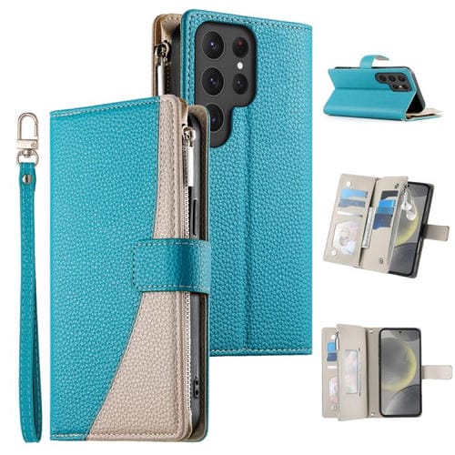 Funda de cuero tipo billetera con cremallera y mĂșltiples tarjetas para Samsung Galaxy S24 Ultra 5G, con costuras y correa corta (azul)