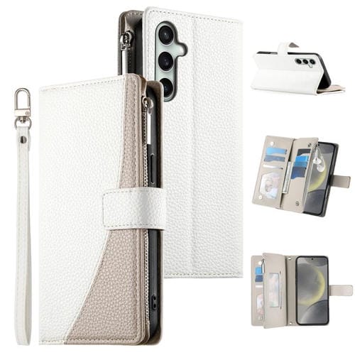 Funda de cuero tipo billetera con cremallera para Samsung Galaxy S24 FE 5G, con costuras, mĂșltiples tarjetas y correa corta (blanca)