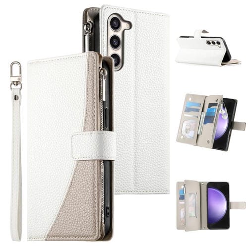Funda de cuero tipo billetera con cremallera y mĂșltiples tarjetas para Samsung Galaxy S23+ 5G, con costuras y correa corta (blanca)