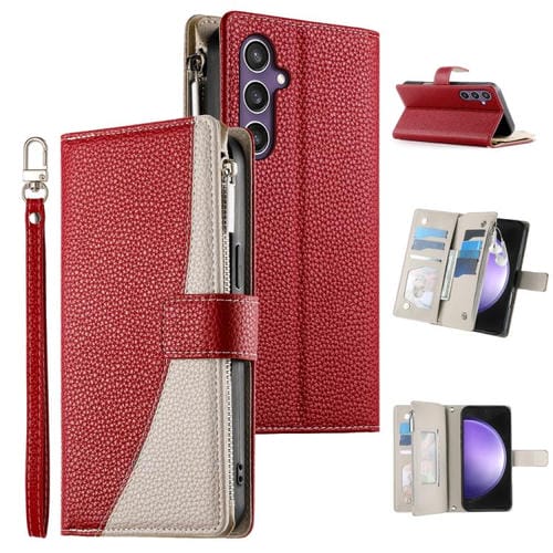 Funda de cuero con cremallera para Samsung Galaxy S23 FE 5G, con costuras, múltiples tarjetas y correa corta (roja)