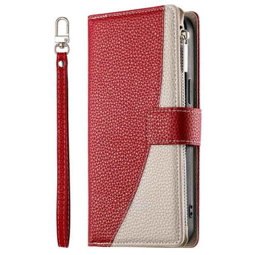 Funda de cuero tipo billetera con cremallera y mĂșltiples tarjetas para Samsung Galaxy S23 5G, con costuras y correa corta (roja)