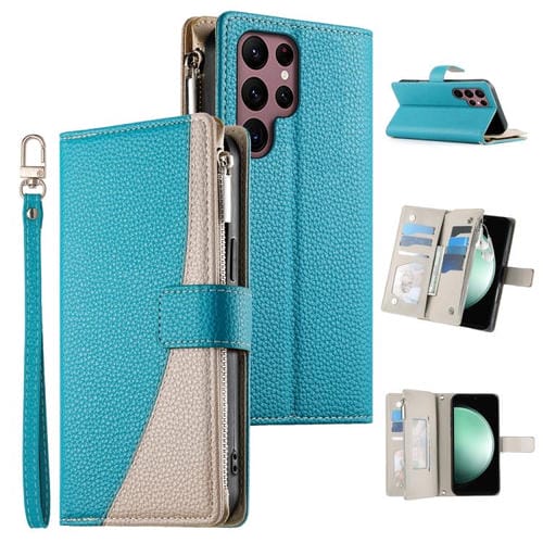 Funda de cuero tipo billetera con cremallera para Samsung Galaxy S22 Ultra 5G, con costuras, mĂșltiples tarjetas y correa corta (azul)