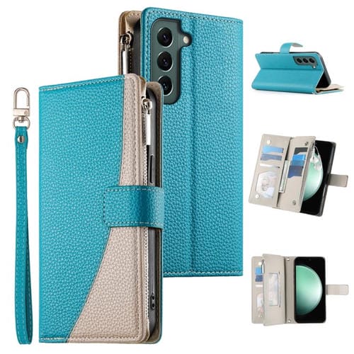 Funda de cuero tipo billetera con cremallera y mĂșltiples tarjetas para Samsung Galaxy S22 5G con costuras y correa corta (azul)