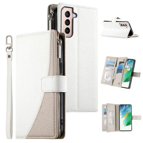 Funda de cuero tipo billetera con cremallera y mĂșltiples tarjetas para Samsung Galaxy S21+ 5G, con costuras y correa corta (blanca)